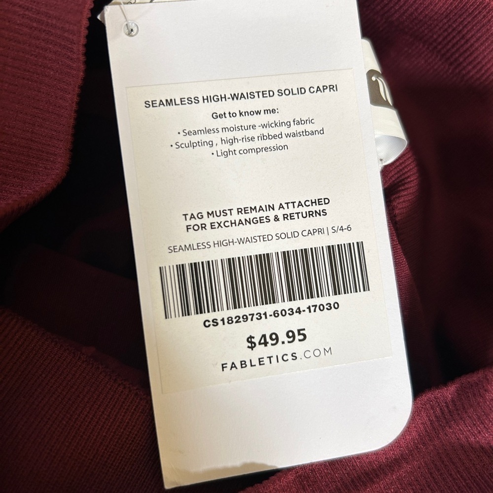 Fabletics High-Waisted Seamless Capri Leggings — Burgundy Maroon Size S (4-6) - Picture 8 of 9